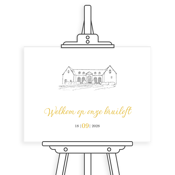 Stijlvol welkomstbord met afbeelding trouwlocatie