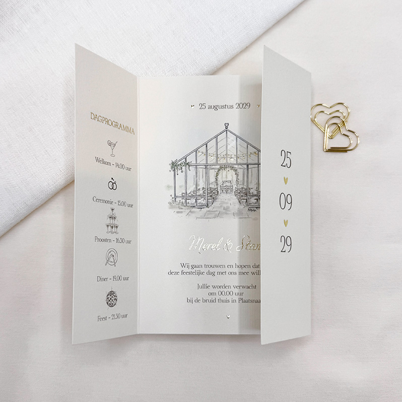 Trouwkaart theatervouw met kas en goudfolie – Greenhouse Romance