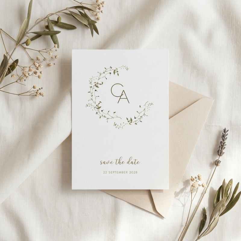Save the Date kaart minimalistische groene blaadjes krans