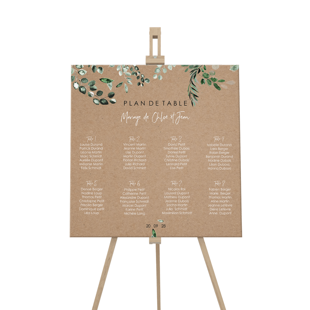Plan de table de mariage avec des branches d'eucalyptus