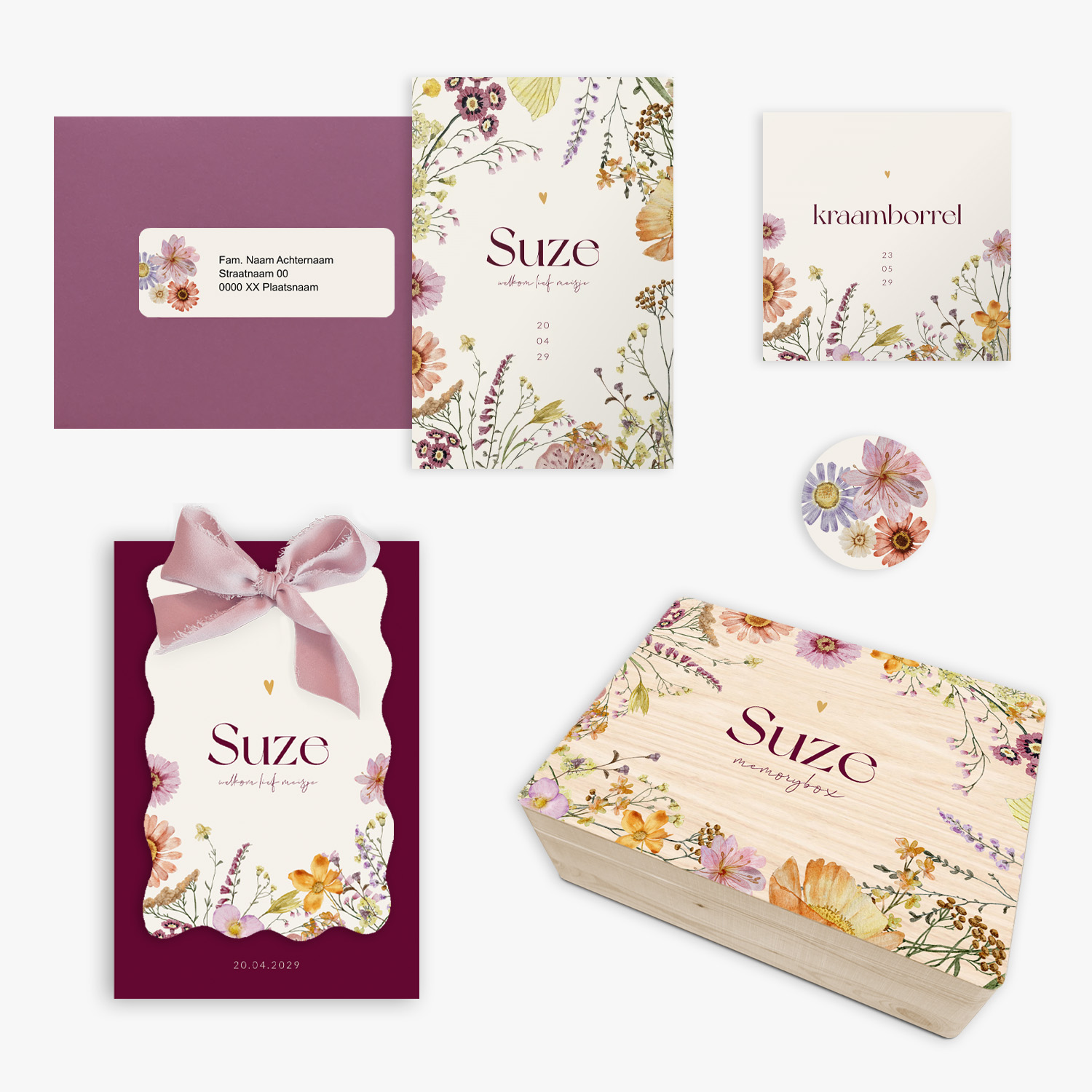 Doorlink geboortekaartjes set flower child
