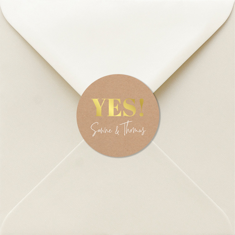 Sluitstickers huwelijk kraft bruin Yes goudfolie | 25 stuks