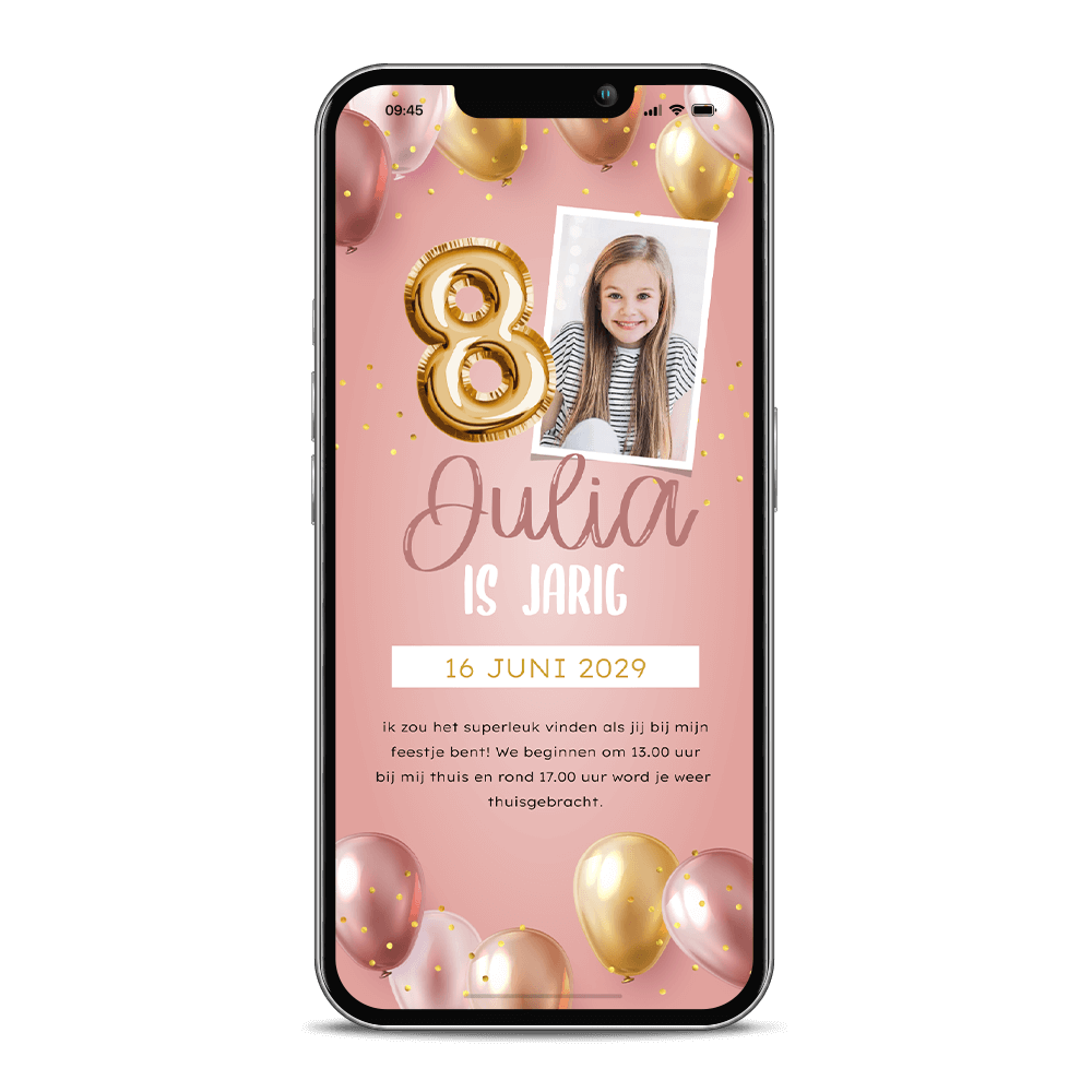 Digitaal kinderfeestje uitnodiging met ballonnen, confetti en foto