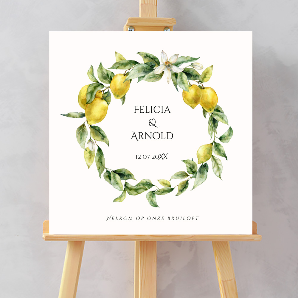 Bruiloftsbord welkom citroenen geel Mediterraans