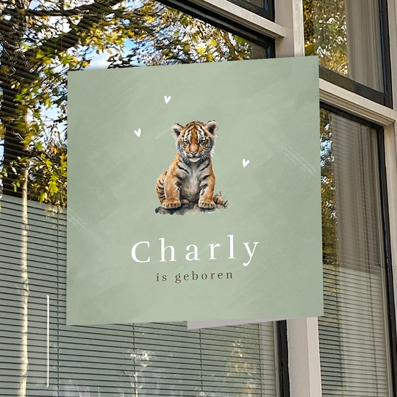 Groen geboortebord met lief tijgertje