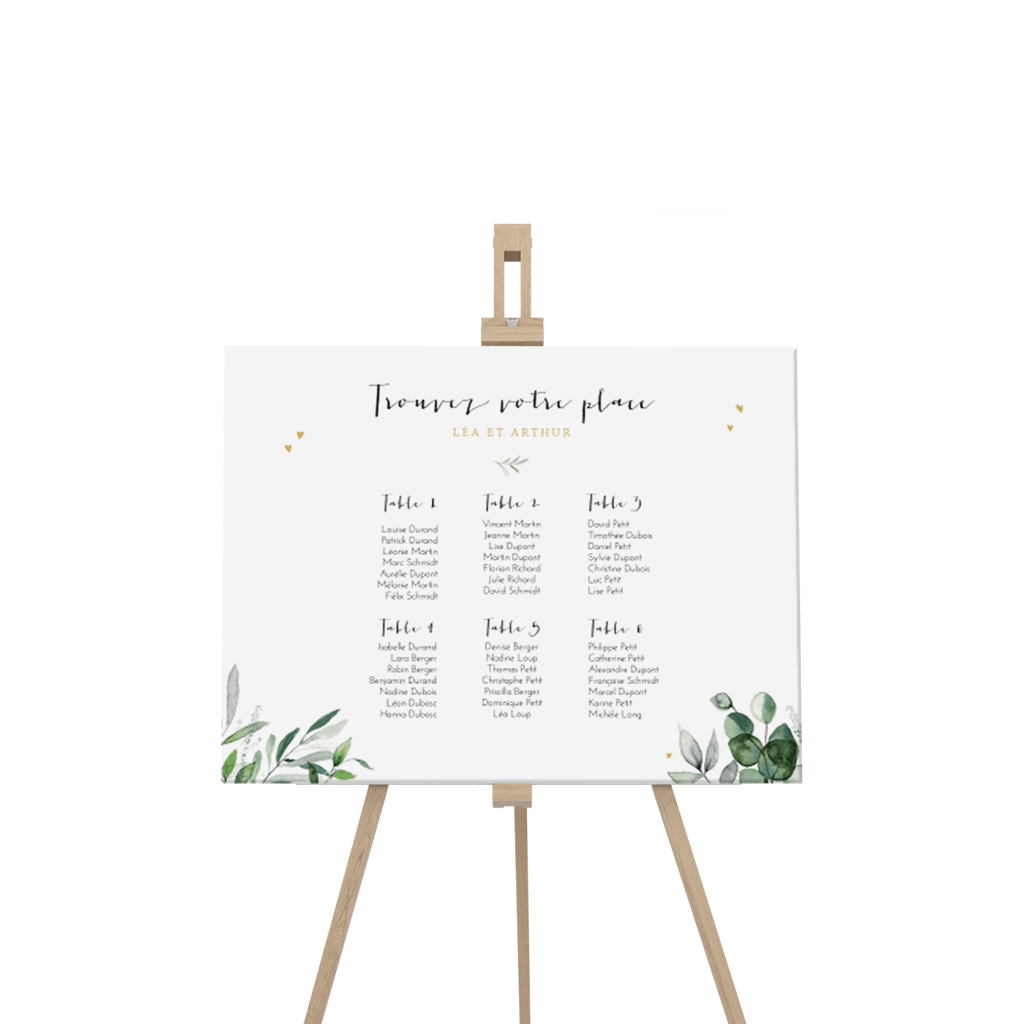 Panneau plan de table sur le thème eucalyptus avec des coeurs