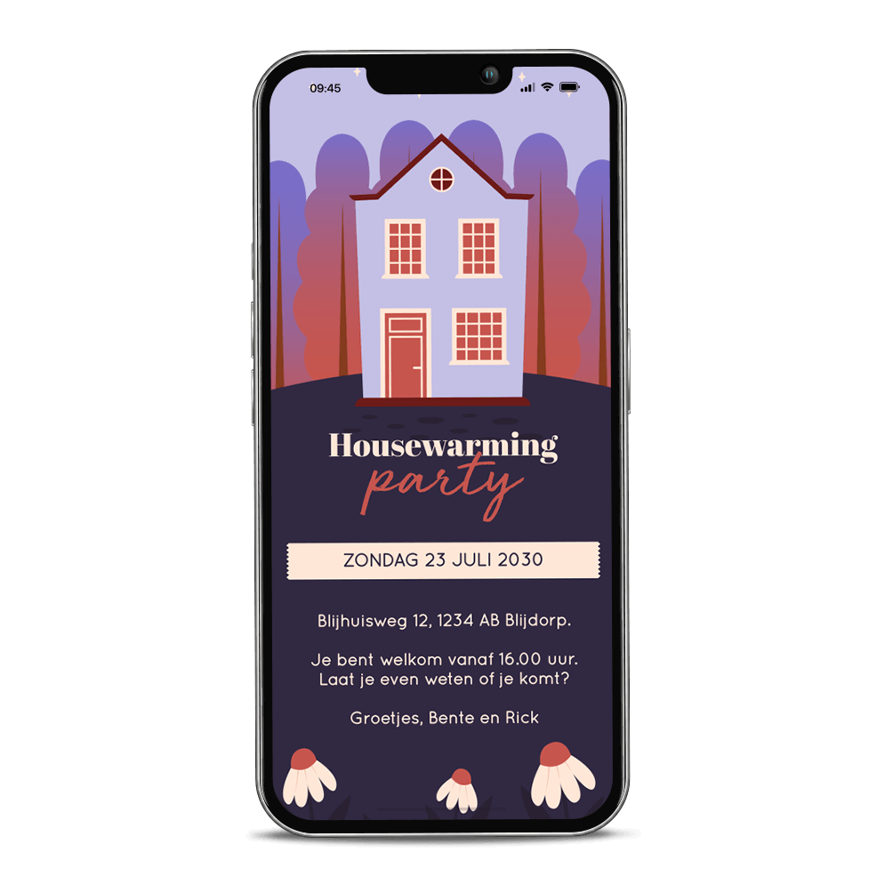 Housewarming uitnodiging digitaal met huis in bos en bloemen