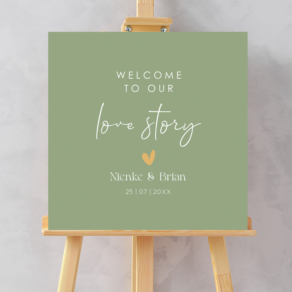 Bruiloftsbord olijfgroen Welcome to our love story