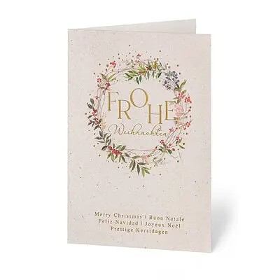 Geschäftliche Weihnachtskarte Beerenkranz mit edler Goldfolienprägung