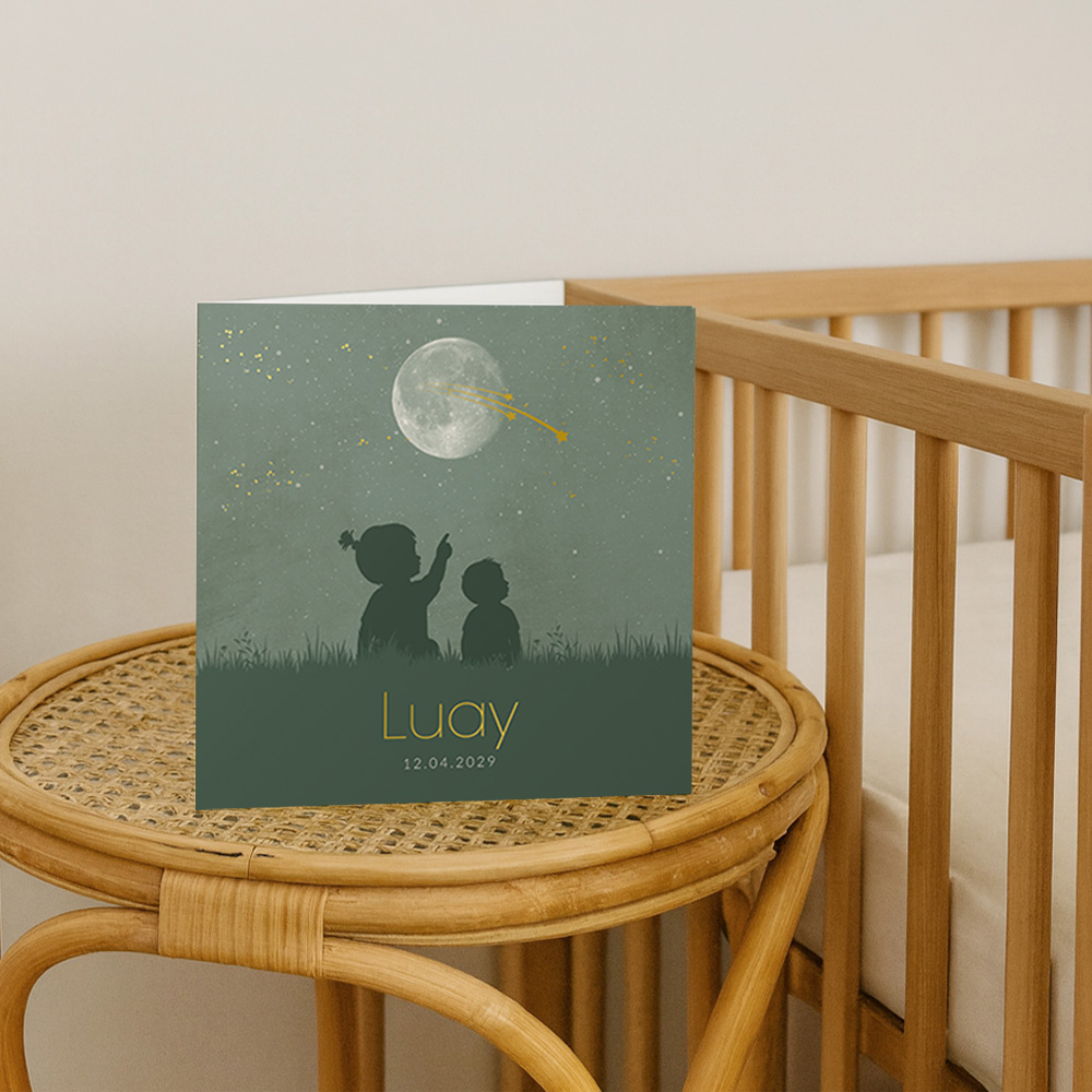 Broertje geboortekaartje met silhouet, sterren, maan en foliedruk