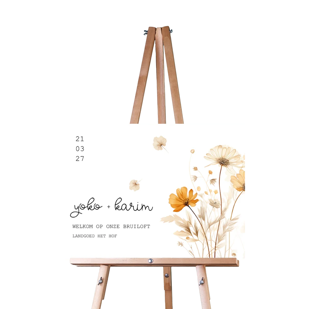 Welkomstbord bruiloft liggend met bloemen in geel en beige
