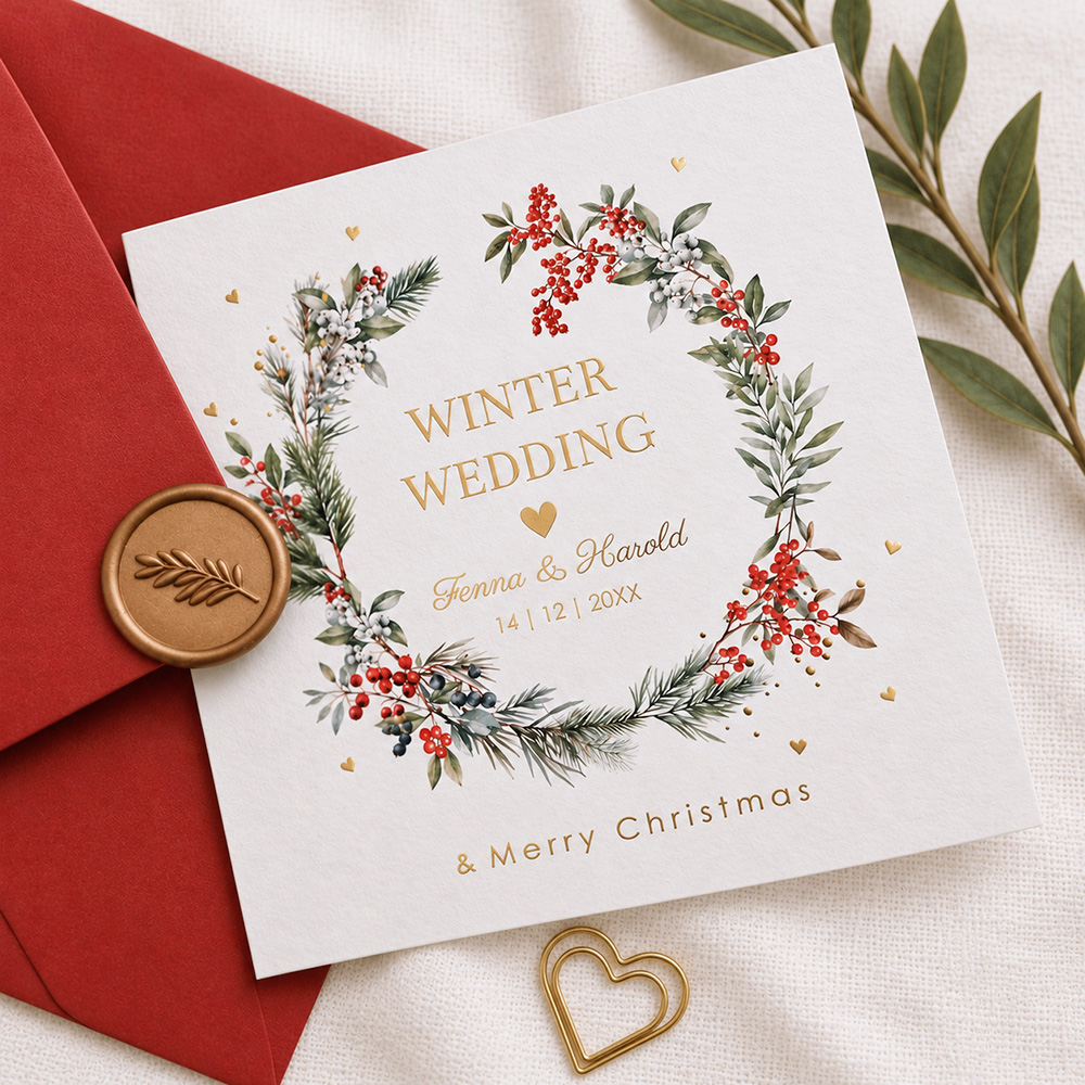 Winter wedding trouwkaart kerst krans Red Berries Christmas