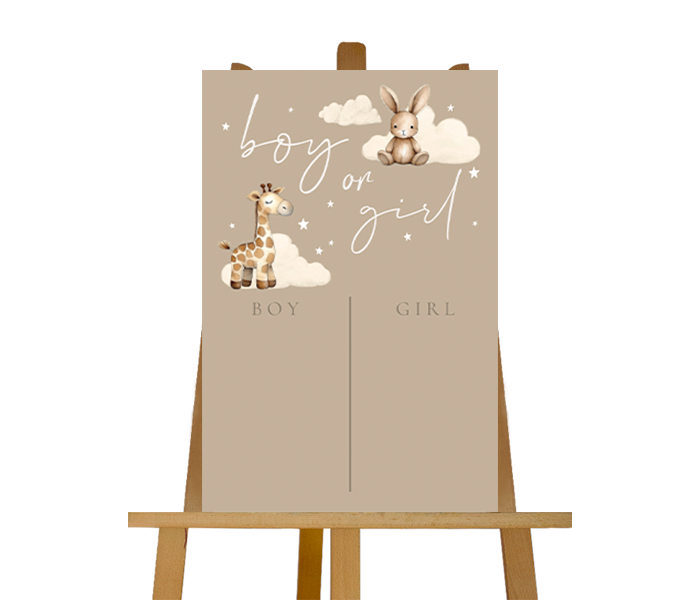 Welkomstbord gender reveal beige met wolkjes en dieren