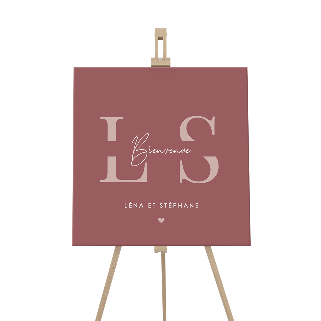 Panneau de bienvenue moderne avec des initiales sur fond rose