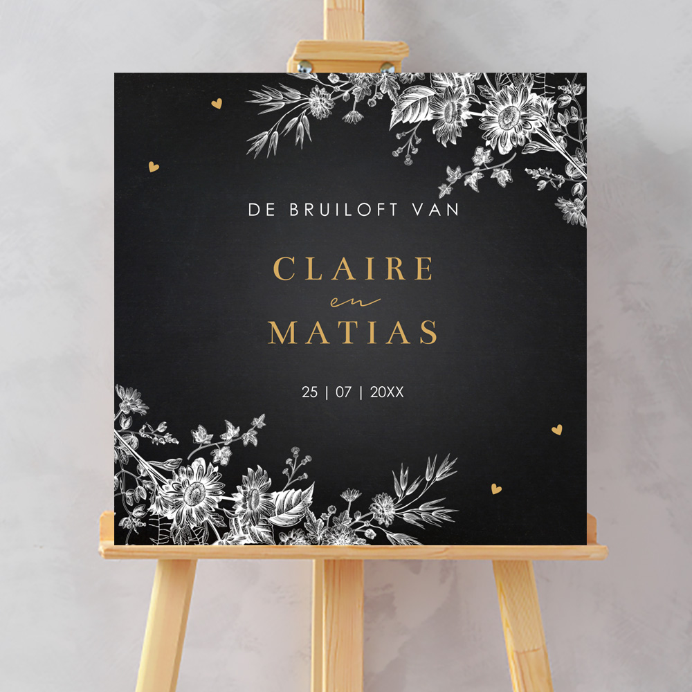 Welkomstbord bruiloft zwart botanisch bloemen wit