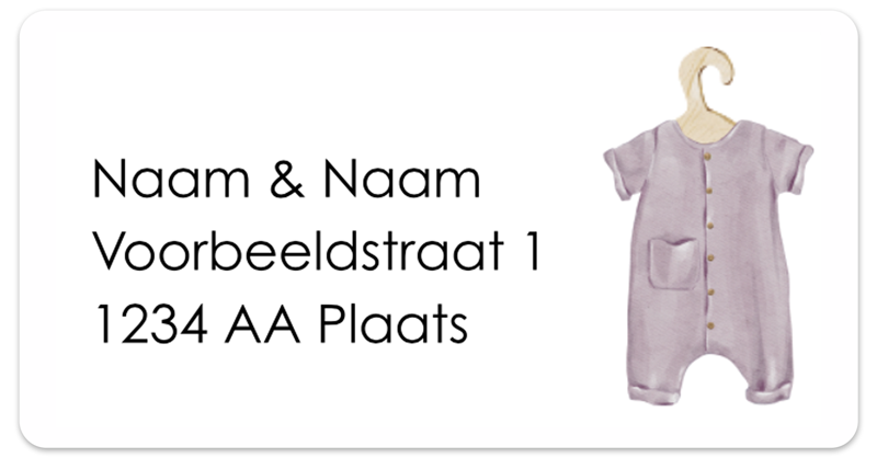 Adressticker lila paars baby kleertje houten kledinghanger