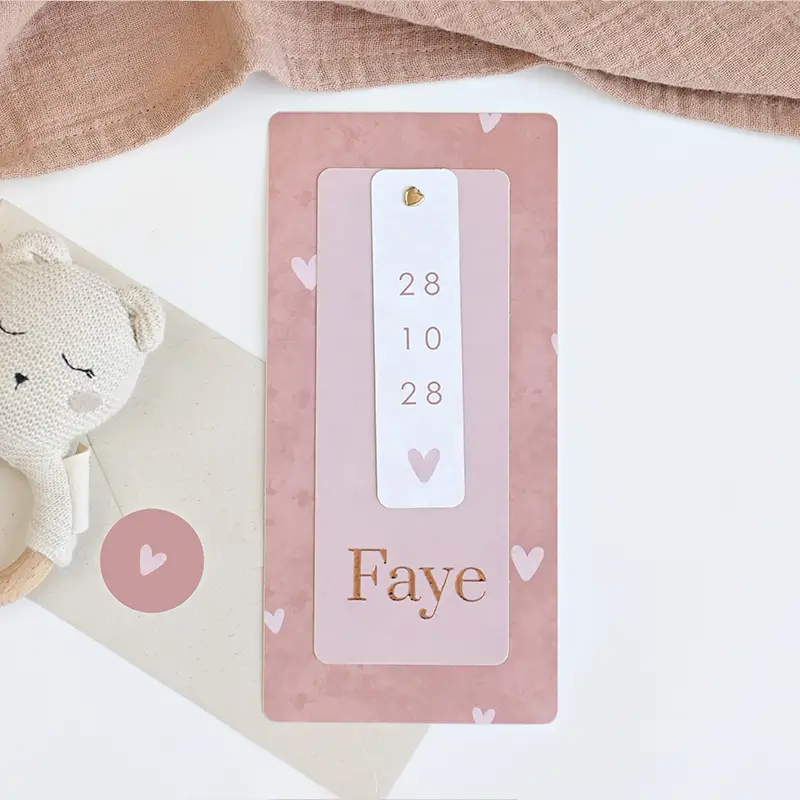 Label geboortekaartje roze met velvet-look en roségoudfolie