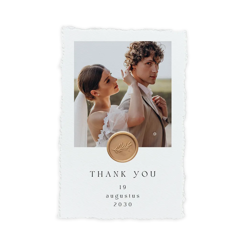 Bedankkaart trouwen handgeschept papierlook met foto en lakzegel