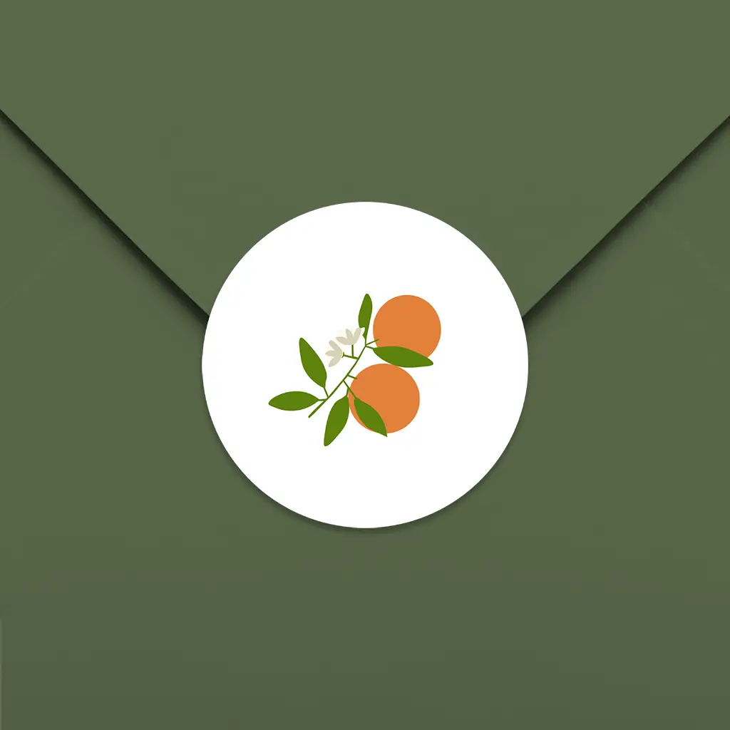 Witte sluitsticker met twee sinaasappels - per 25 stuks