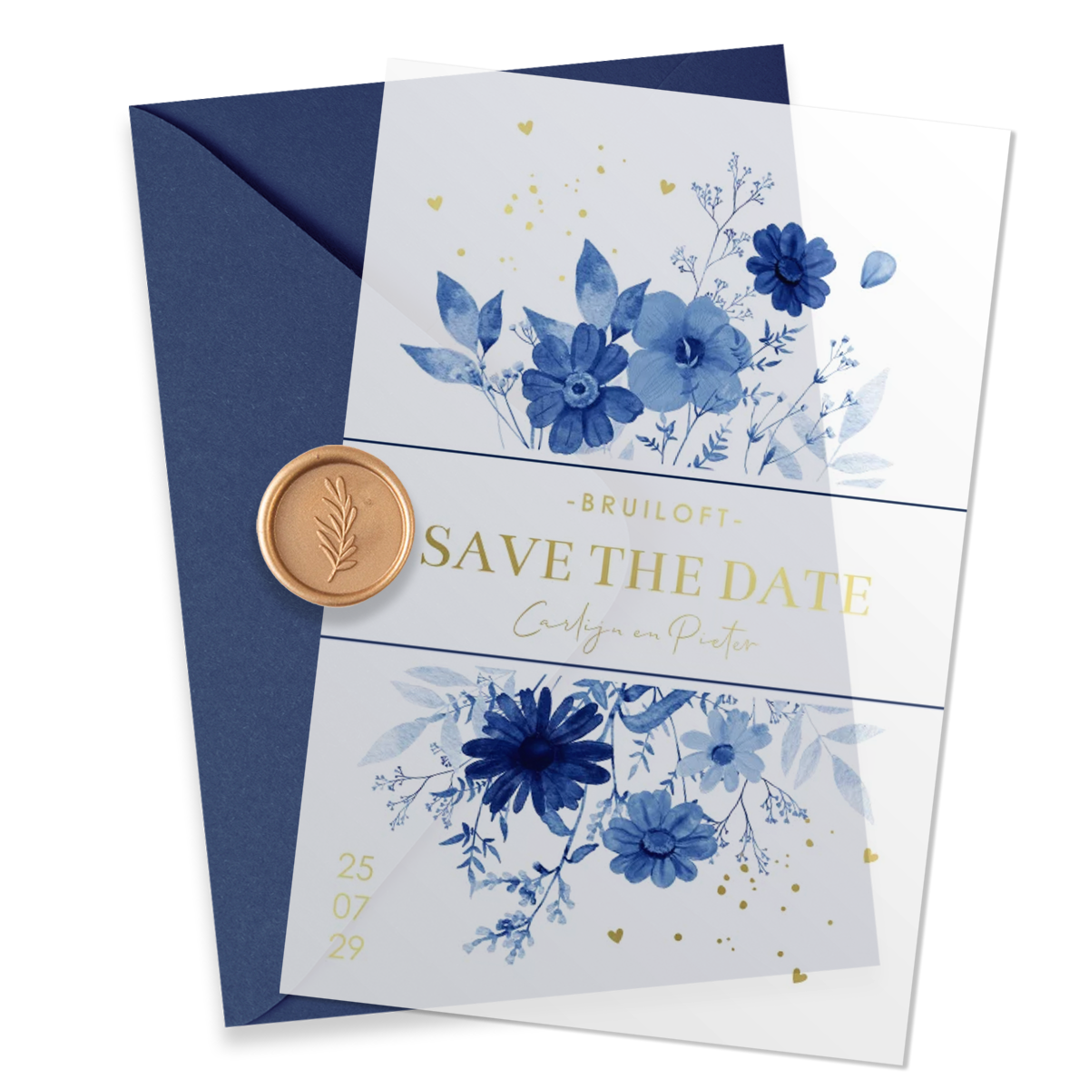 Save the Date kaart kalkpapier bloemen blauw goudfolie