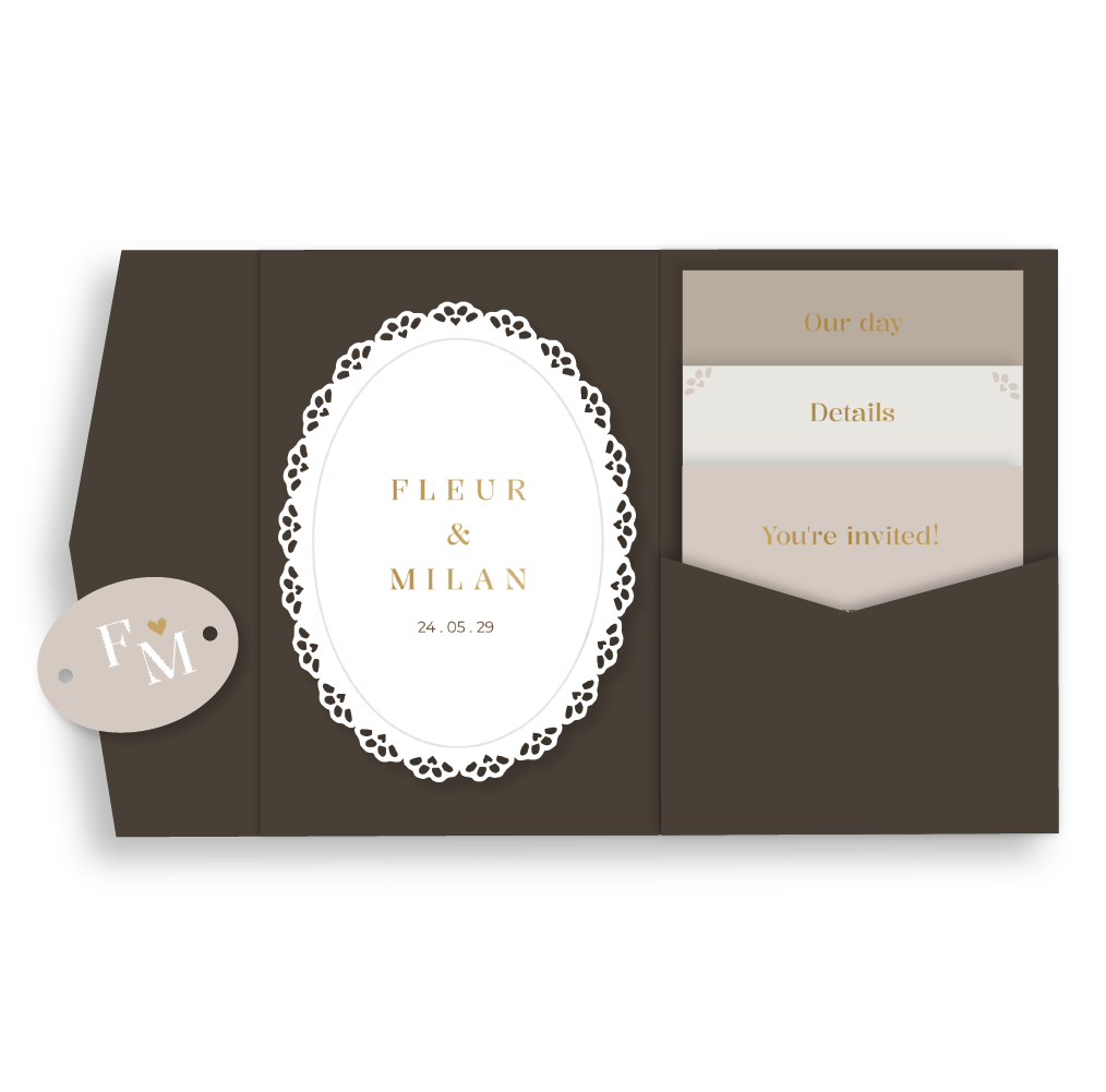 Pocketfold trouwkaart set| Elegante kant look & mat goudfolie