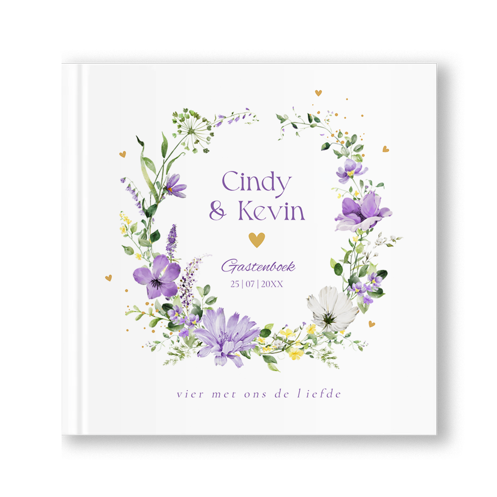 Gastenboek huwelijk veldbloemen paars vierkant Twiggy