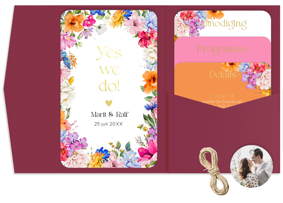 Pocketfold trouwkaart fleurige bloemen roze goudfolie Bright Flowers