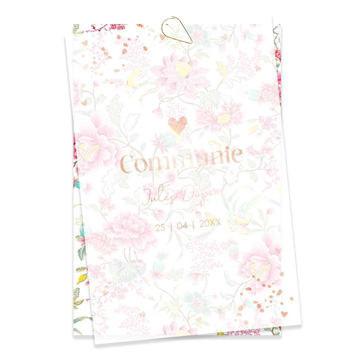 Kaart 1: communie uitnodiging kalkpapier hartjes rosegoudfolie