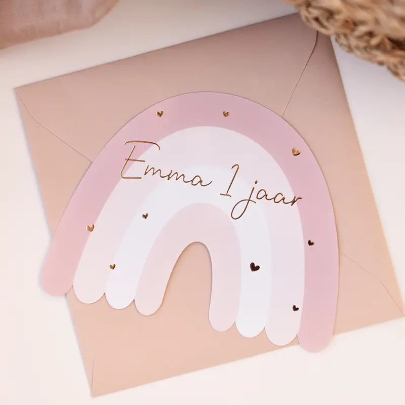 Regenboog goudfolie uitnodiging voor eerste verjaardag