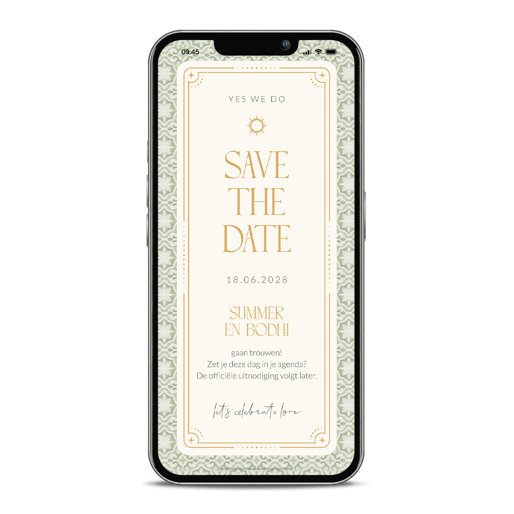 Digitale Save the Date kaart met boho patroon en zon