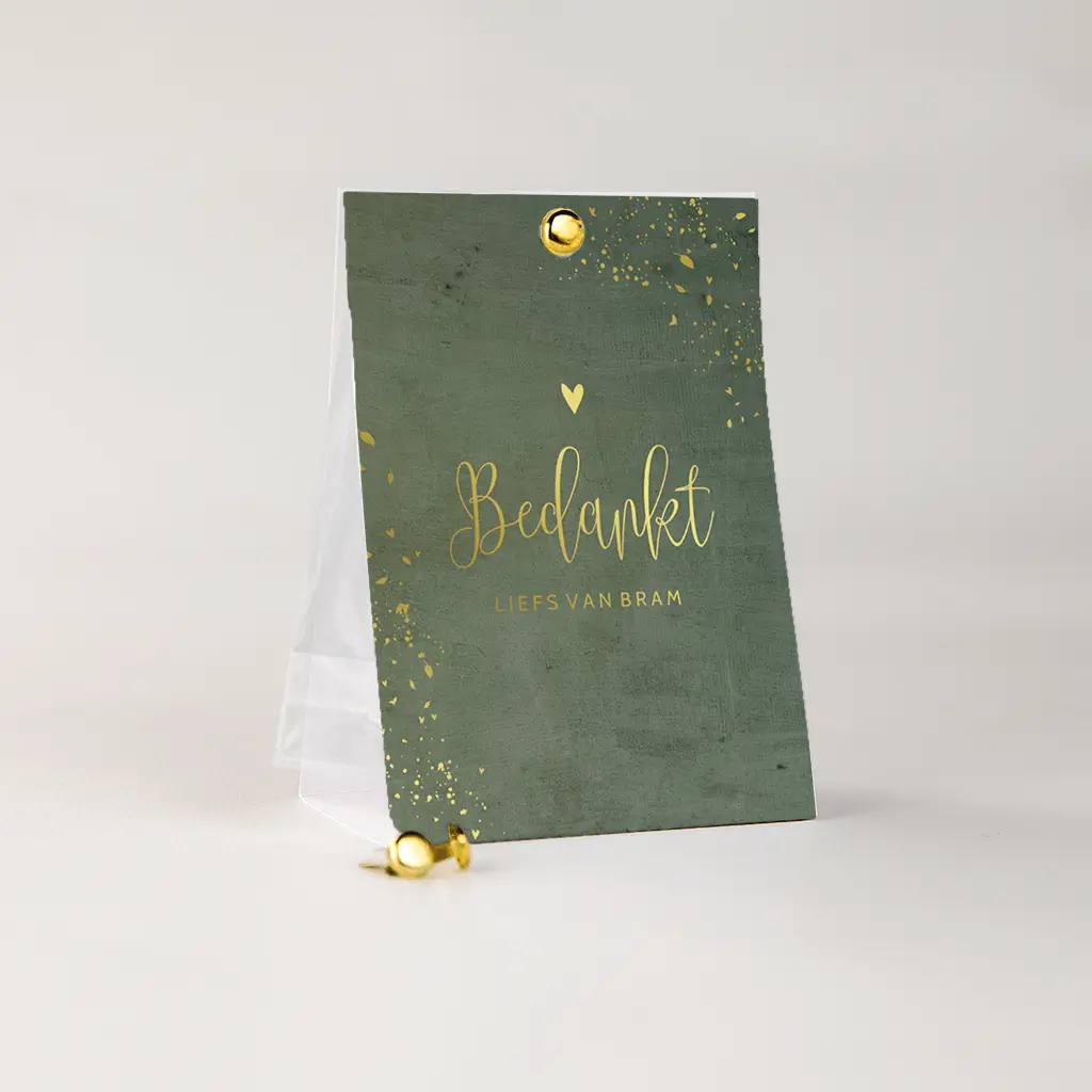 Tentkaartje goudfolie voor jongen met spetters op groen