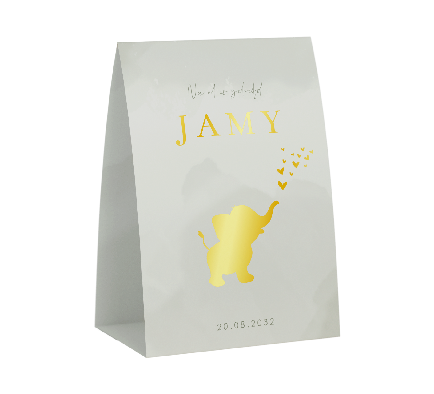 Goudfolie geboortekaartje groen voor jongen met olifant in tentvorm