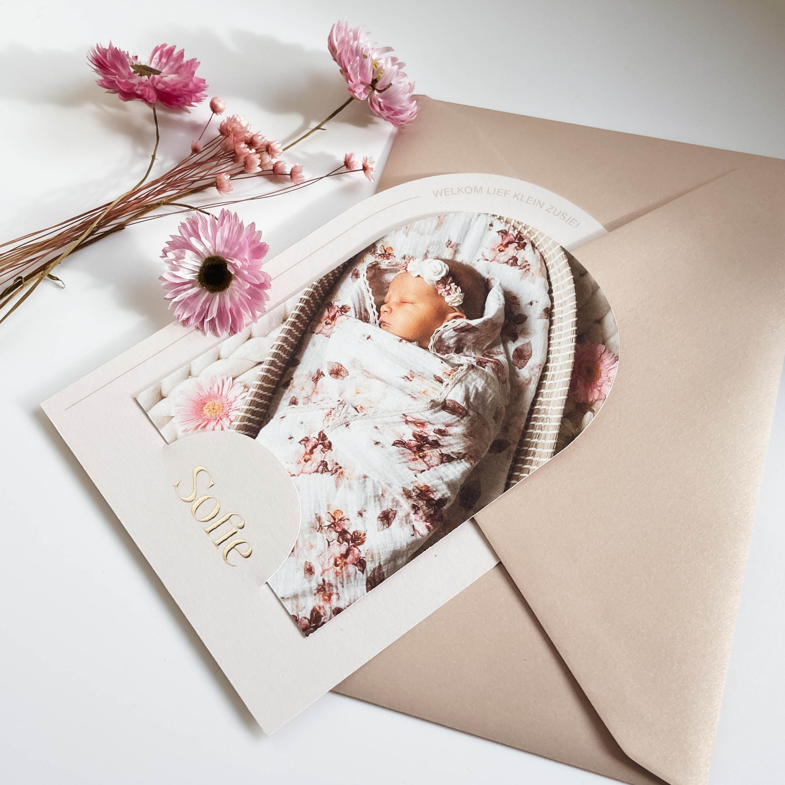 Geboortekaart set met goudfolie en foto