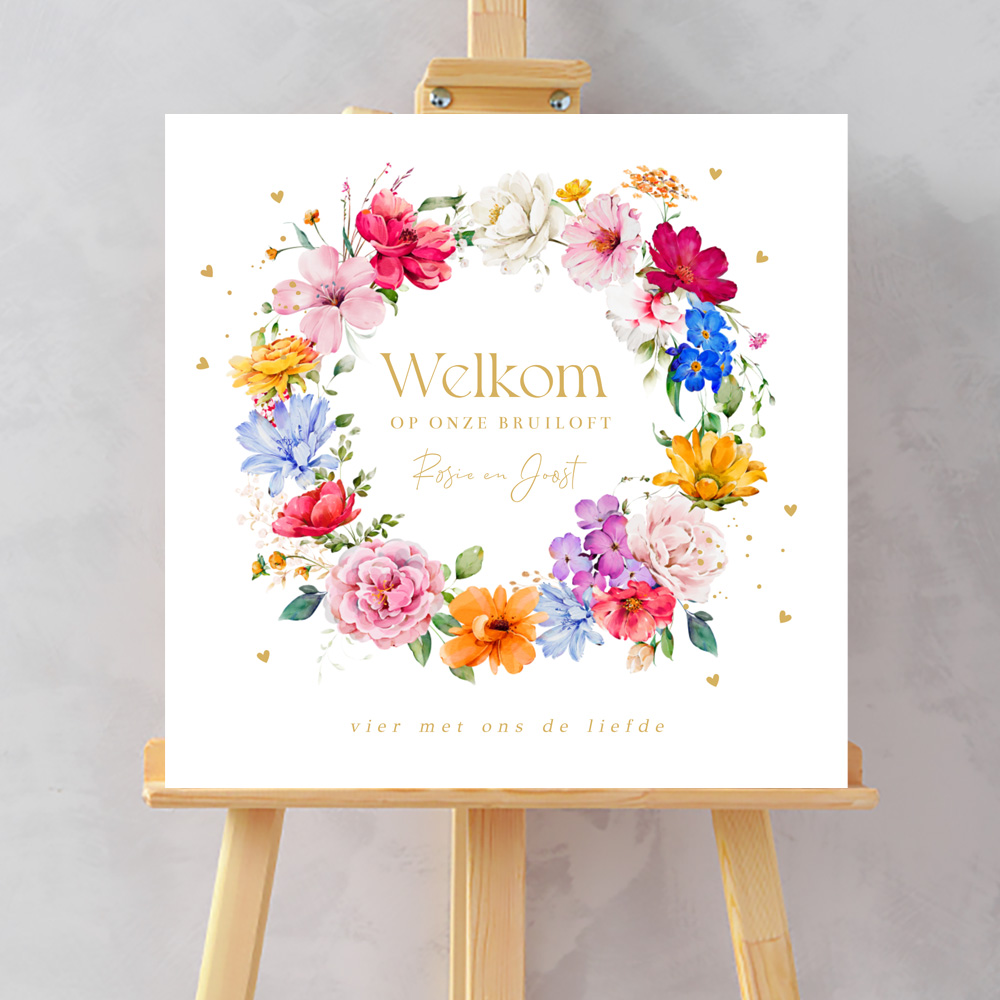 Welkomstbord bruiloft fleurige bloemenkrans Bright Flowers