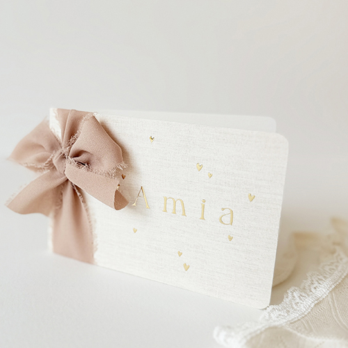 Geboortekaartje meisje met strik en linnen (lint los bijbestellen)