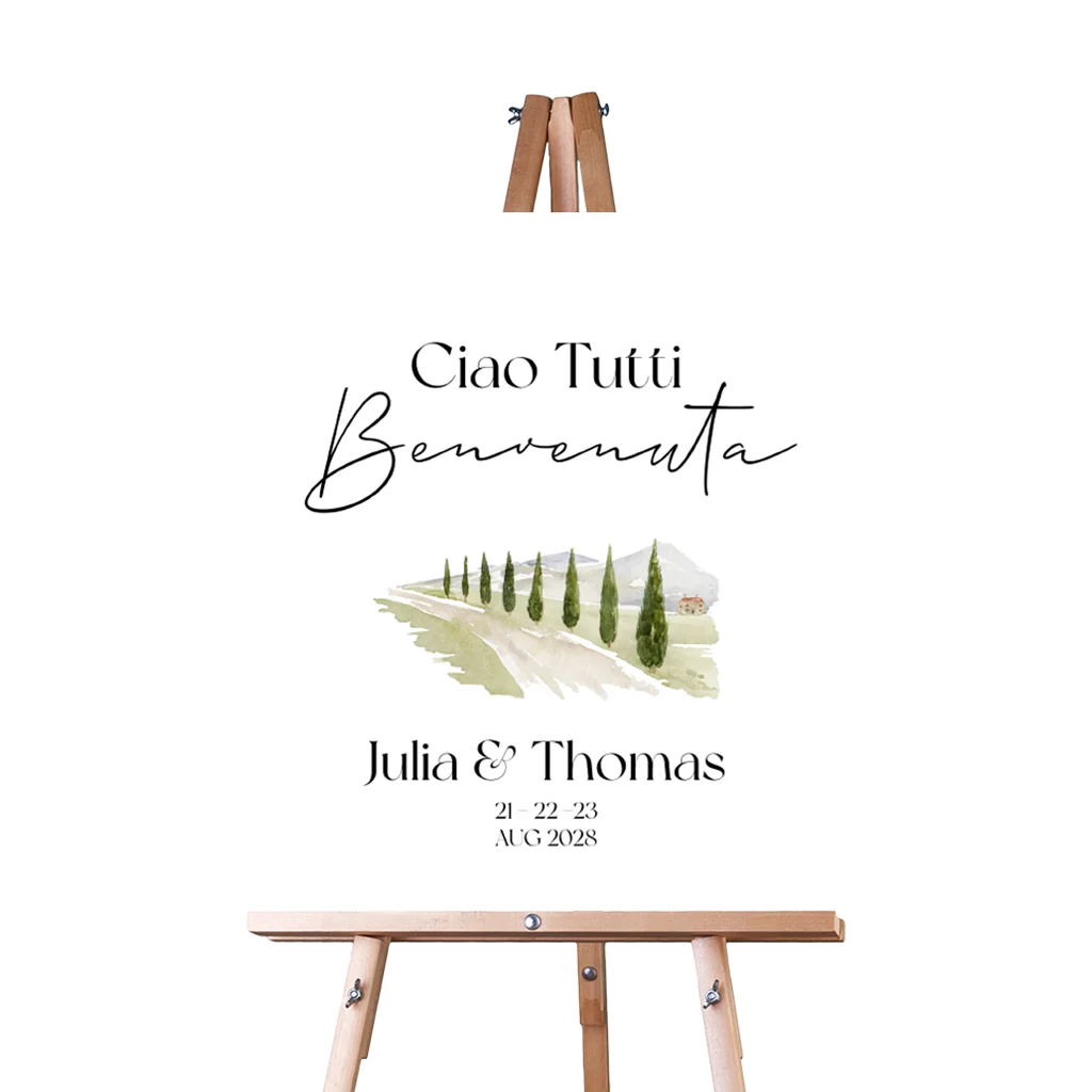 Welkomstbord Toscaanse bruiloft met handgeschilderd Italiaanslandschap