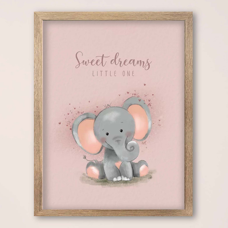 Babykamer poster roze met schattig olifantje