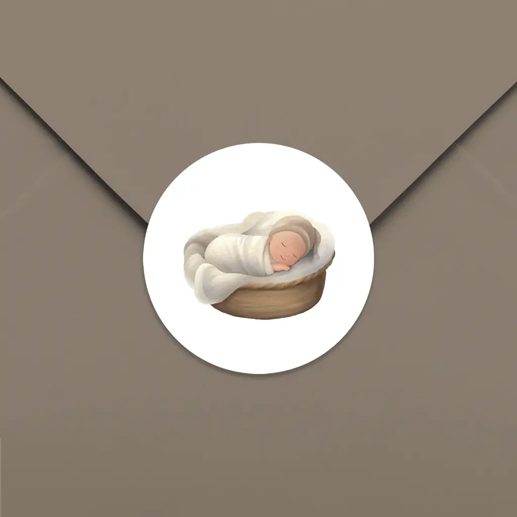 Sluitsticker met slapende baby in mandje - per 25 stuks