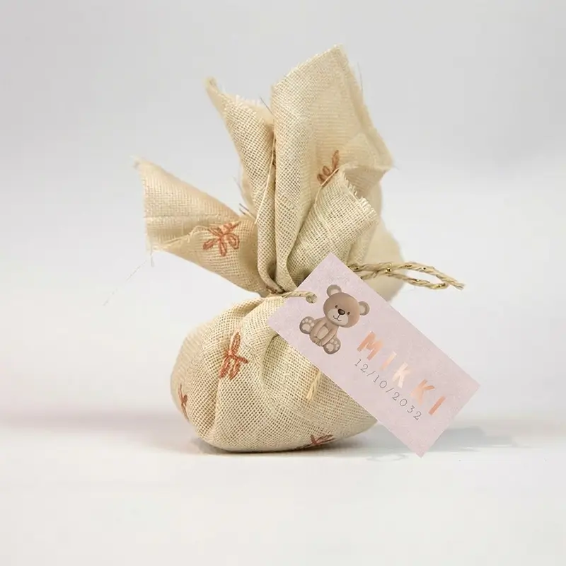 Doopsuiker labeltje roze met beertje en roségoudfolie - per 10 stuks