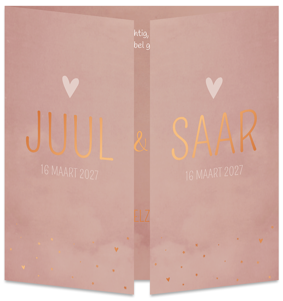 Geboortekaartje Tweeling Luikkaartje Oudroze  Koperfolie