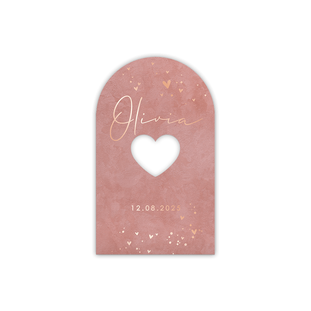 Boogkaartje met roségoudfolie hartjes en velvet-look achtergrond