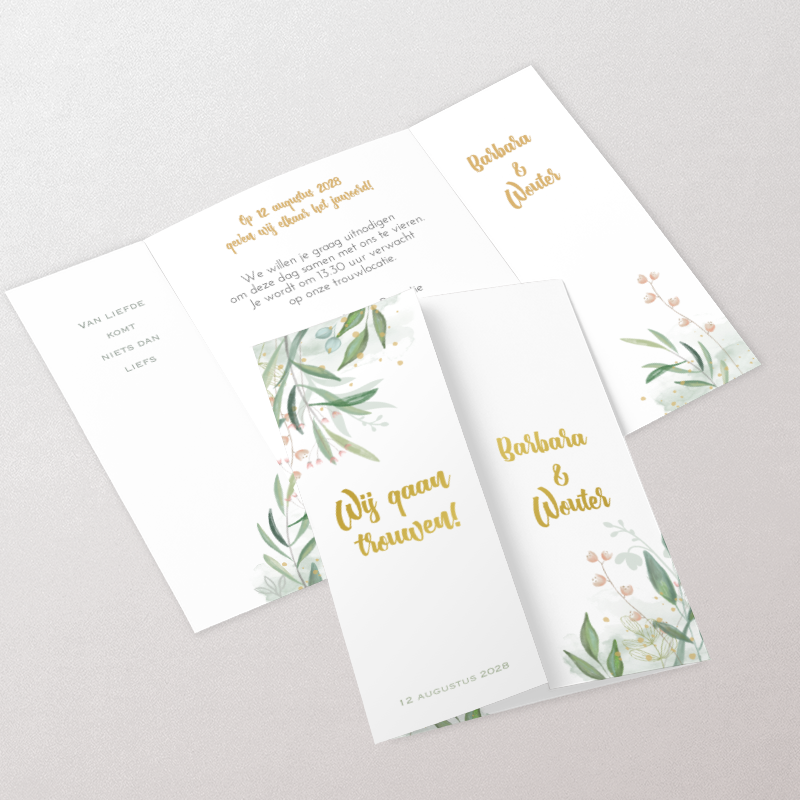 Trouwkaart botanisch bloemetjes en goudfolie druk