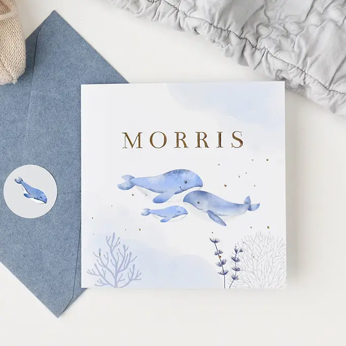 Goudfolie geboortekaartje met watercolour en onderwaterwereld