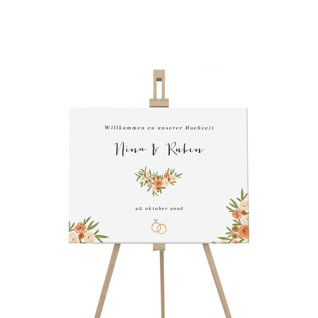 Willkommensschild mit Blumenherz