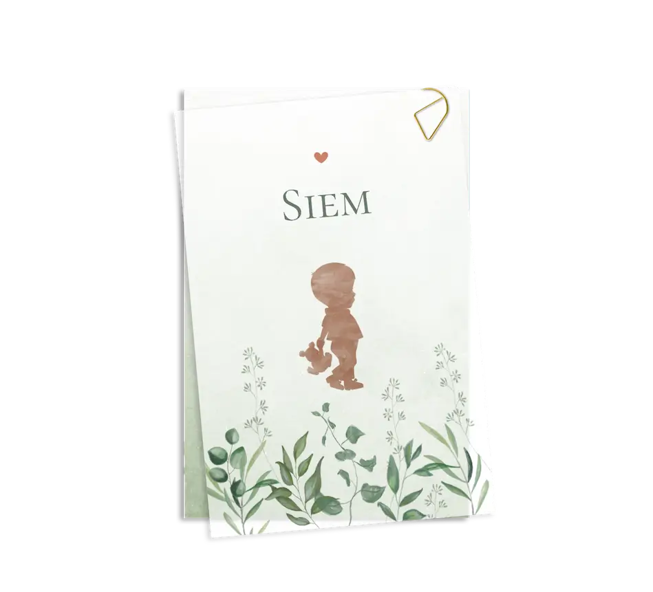 Kalkpapier geboortekaartje groen met silhouetje en takjes