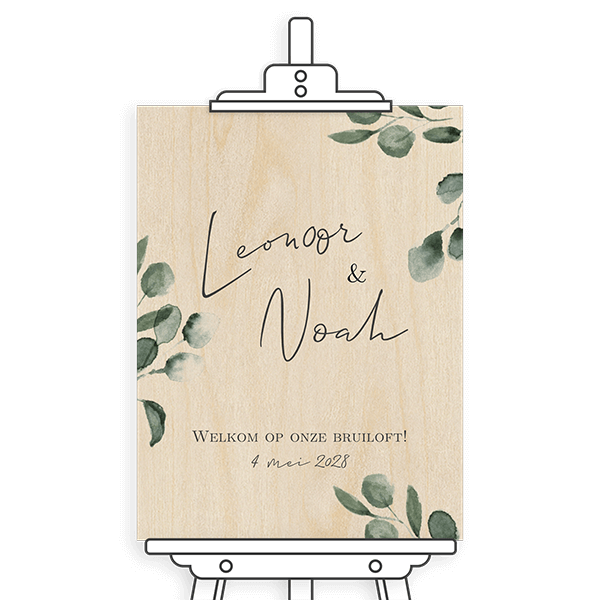 Welkomstbord van hout met blaadjes