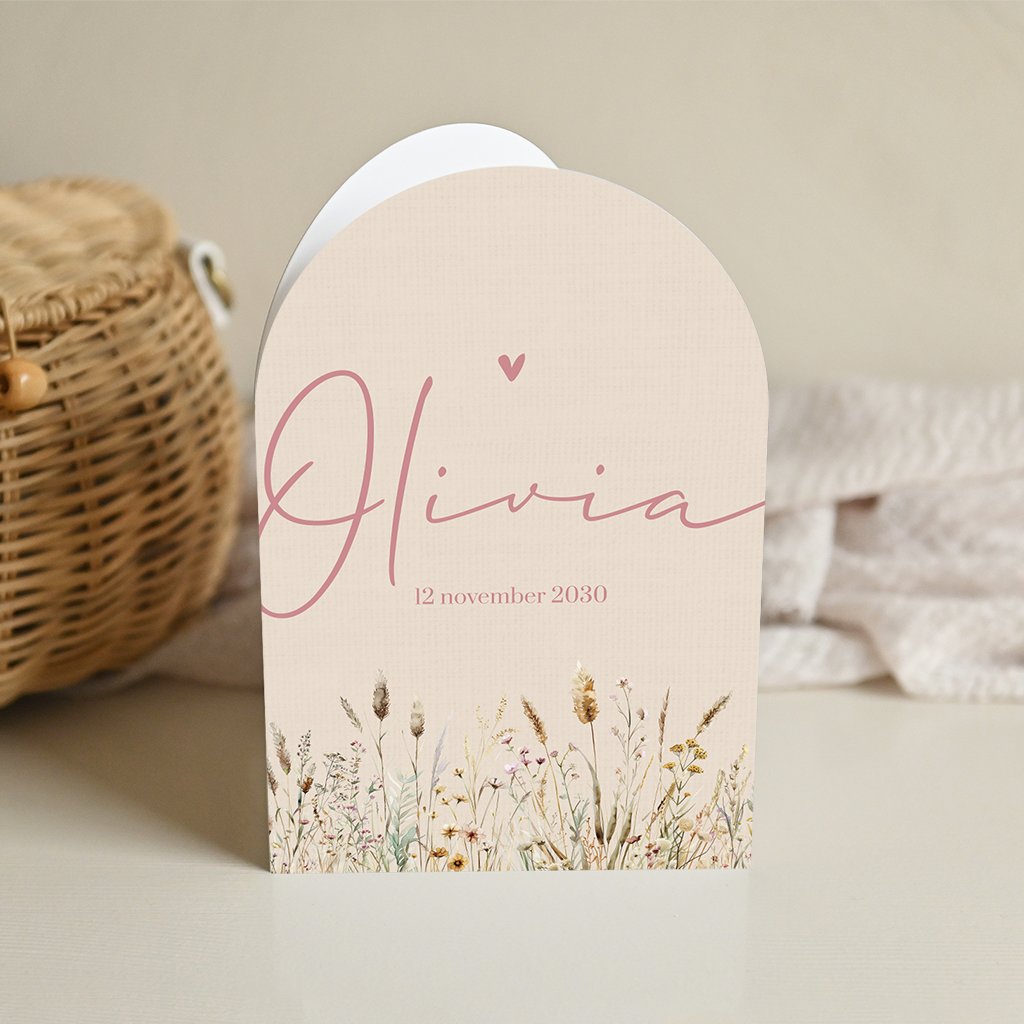 Beige geboortekaartje dubbele boog met bloemen