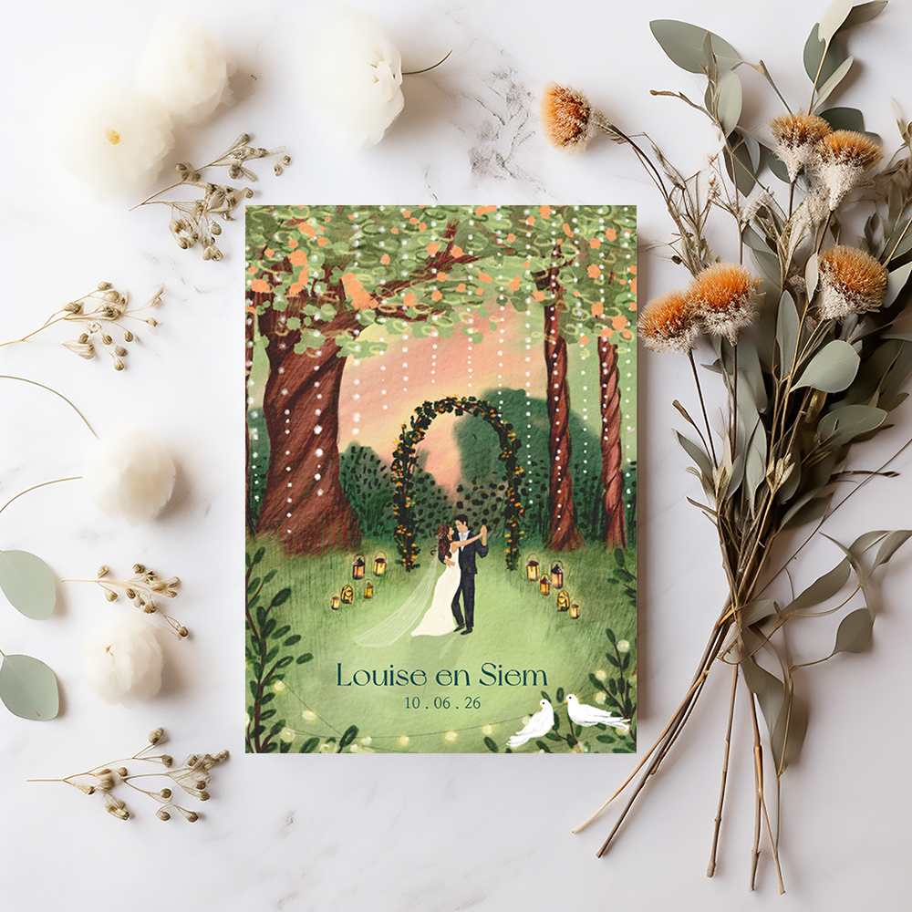 Trouwkaart met dansend bruidspaar onder de lampjes.