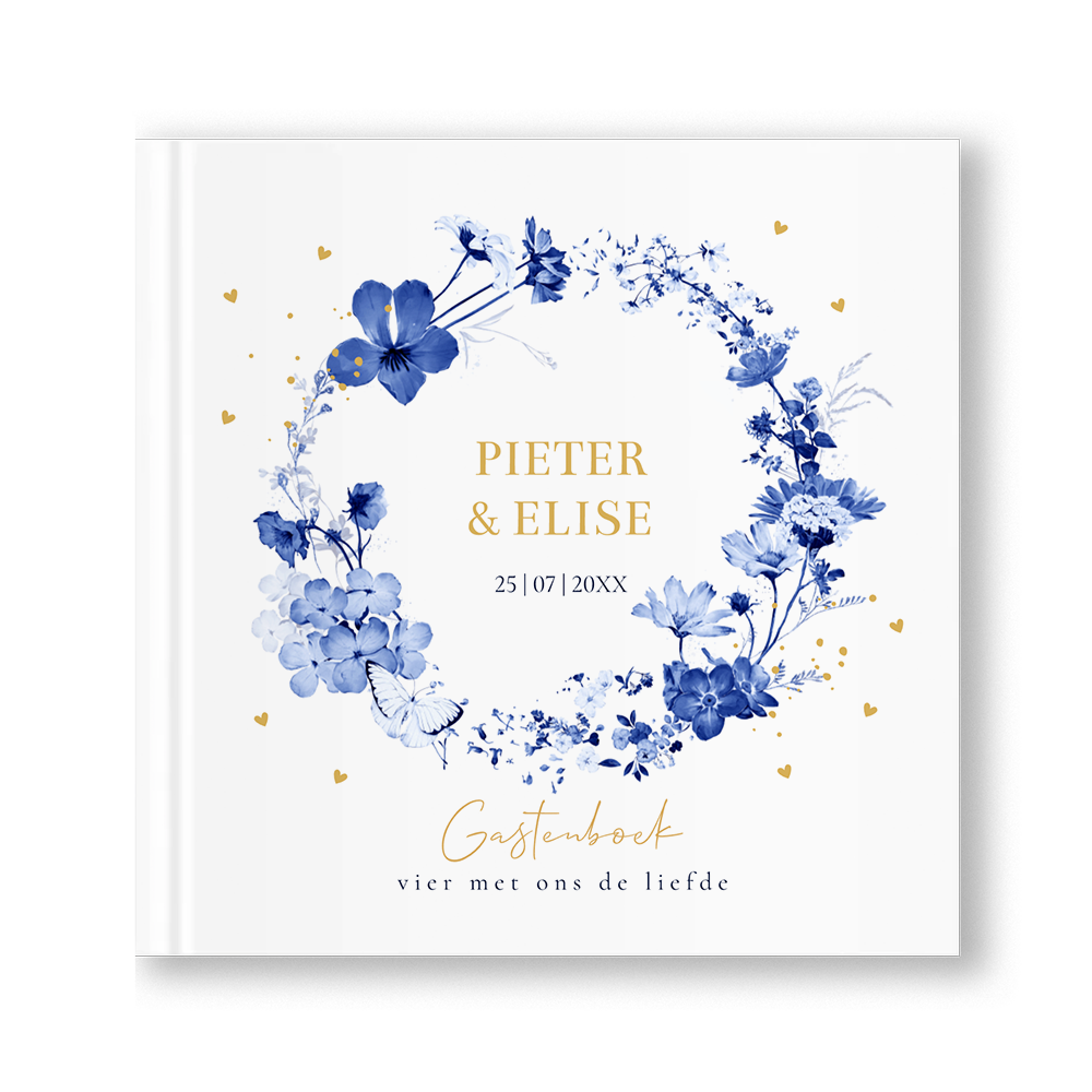 Gastenboek huwelijk wit met bloemenkrans blauw