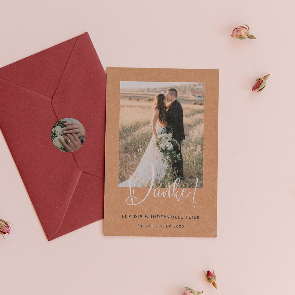 Gewählte Dankeskarte Hochzeit mit Foto und echtes Kraftpapier